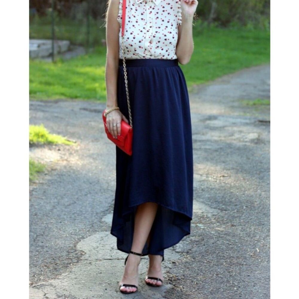 LC LAUREN CONRAD Boho Flowy Asymmetric Navy Blue Skirt